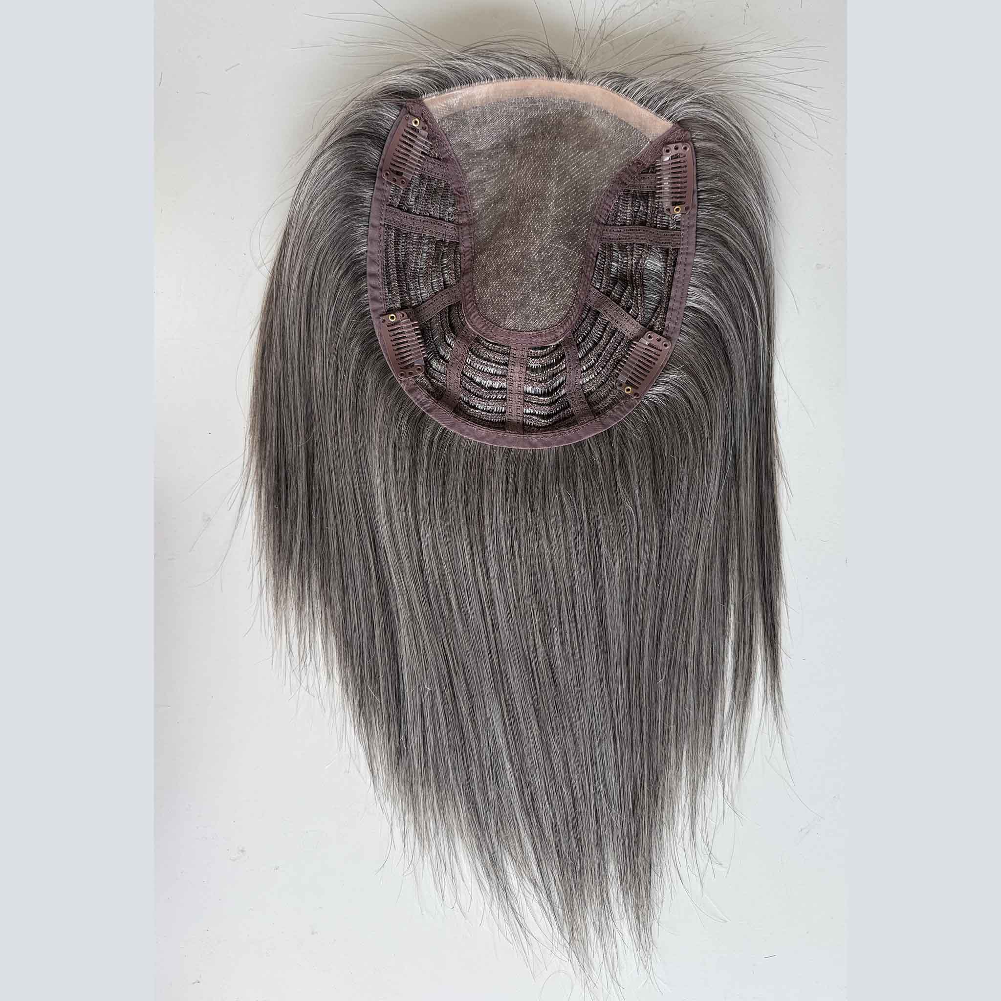 Expertly Blended Grey Hair Topper with Silk Base for Silver Fox Style